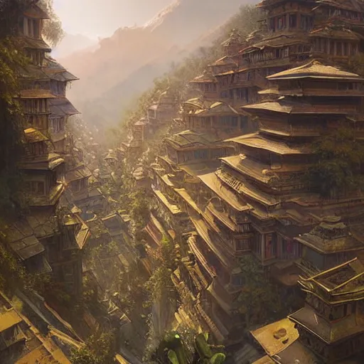 Prompt: ultra wide painting of nepal in year 2 0 7 7, ultra realistic, concept art, intricate details, eerie, highly detailed, photorealistic, octane render, 8 k, unreal engine. art by artgerm and greg rutkowski and alphonse mucha