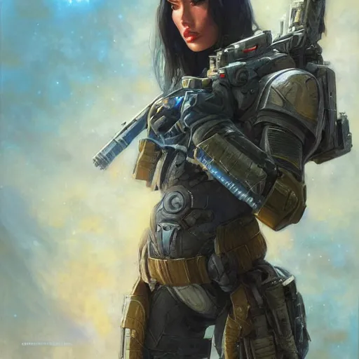 Prompt: Megan Fox as a space soldier, closeup character art by Donato Giancola, Craig Mullins, digital art, trending on artstation