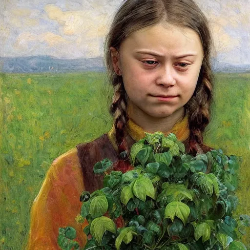 Image similar to Devastated Greta Thunberg holding a green plant and crying, impressionism, barren earth, gloomy colors, brown background, vivid attention to detail, by Greg Rutkowksi and Ilya Repin