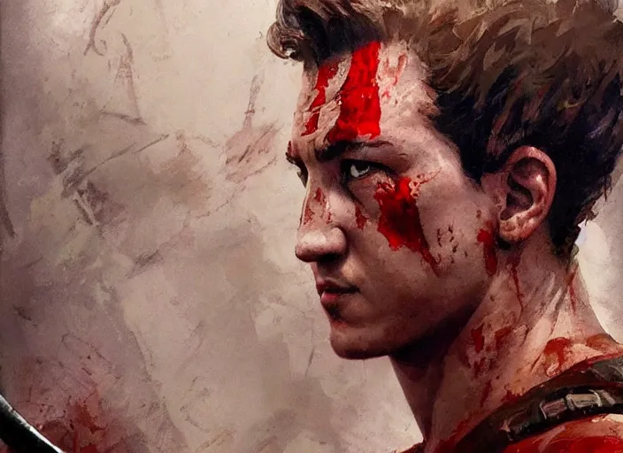 Image similar to a highly detailed beautiful portrait of miles teller as kratos, by gregory manchess, james gurney, james jean