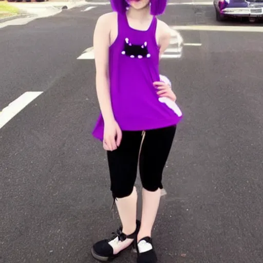 Image similar to anime girl with short purple hair and cat ears and a black tank top, aesthetic