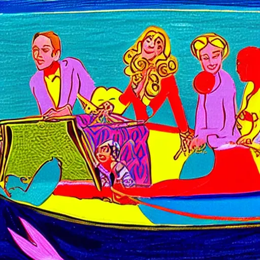 Prompt: neat illuminated manuscript by peter max. the mixed mediart of a group of well - dressed women & children enjoying a leisurely boat ride on a calm day. the women are chatting & laughing while the children play with a toy boat in the foreground.