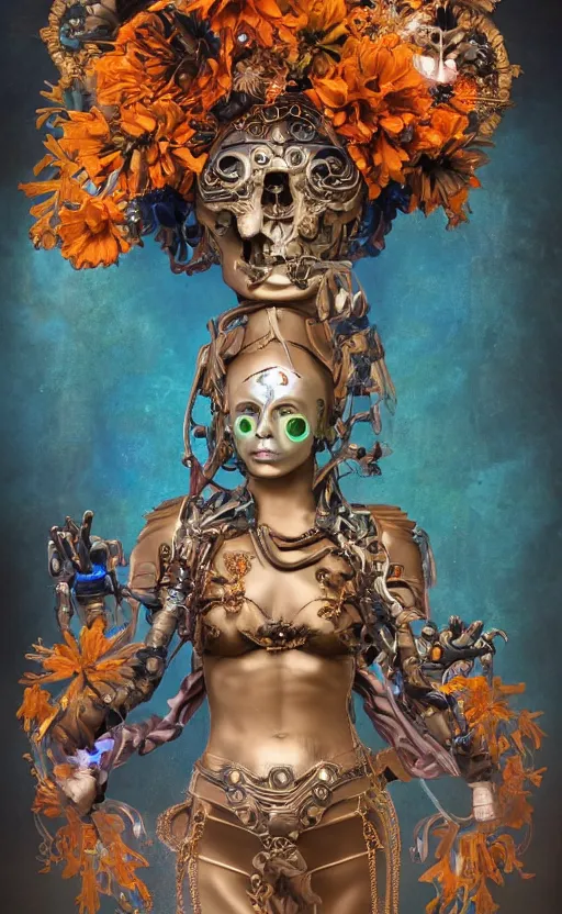 Prompt: a young beautiful hispanic metal android with a large glowing orange crystal in the center of her chest, full-body bronze cyberpunk style statue of Andromeda with glowing blue laser eyes, crown of mechanical chrysanthemums, flowing aqua silk, fabric, steampunk flowers. baroque elements, human skull. full-length view. baroque element. intricate artwork by caravaggio. many flying horses on background. Trending on artstation, octane render, cinematic lighting from the right, hyper realism, octane render, 8k, depth of field, 3D