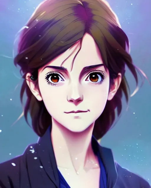 Image similar to Anime as Emma Watson playing Hermione Granger. Cute fine face. Pretty face. Cute smile. Realistic shaded. Perfect face. Fine details. Anime. Realistic shaded lighting. Ilya Kuvshinov. Katsuhiro Otomo. Ghost in the shell. Magali Villeneuve. artgerm. Jeremy Lipkin. Michael Garmash. Rob Rey,