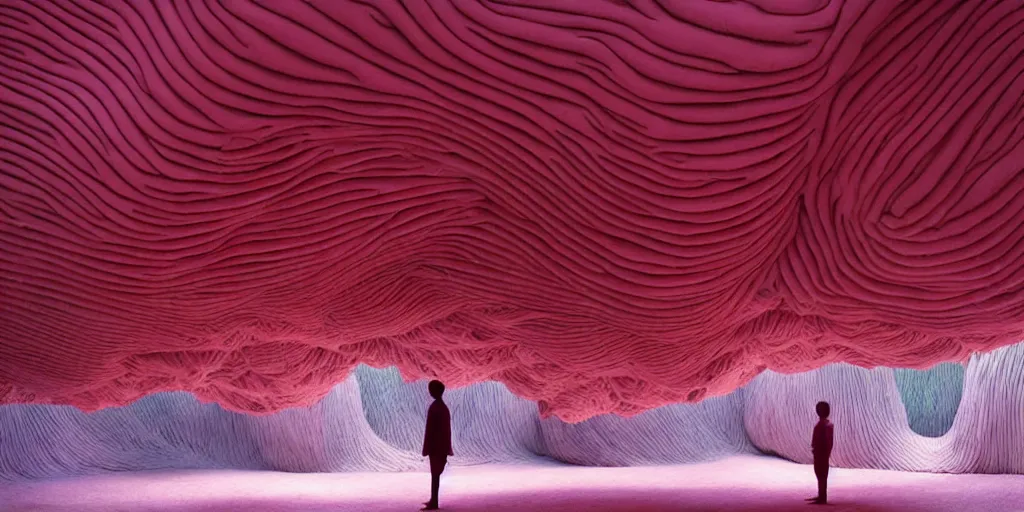 Image similar to biomorphic inflated structures by ernesto neto, light - mint with light - pink color, 4 k, insanely quality, highly detailed, film still from the movie directed by denis villeneuve with art direction by zdzisław beksinski, telephoto lens, shallow depth of field