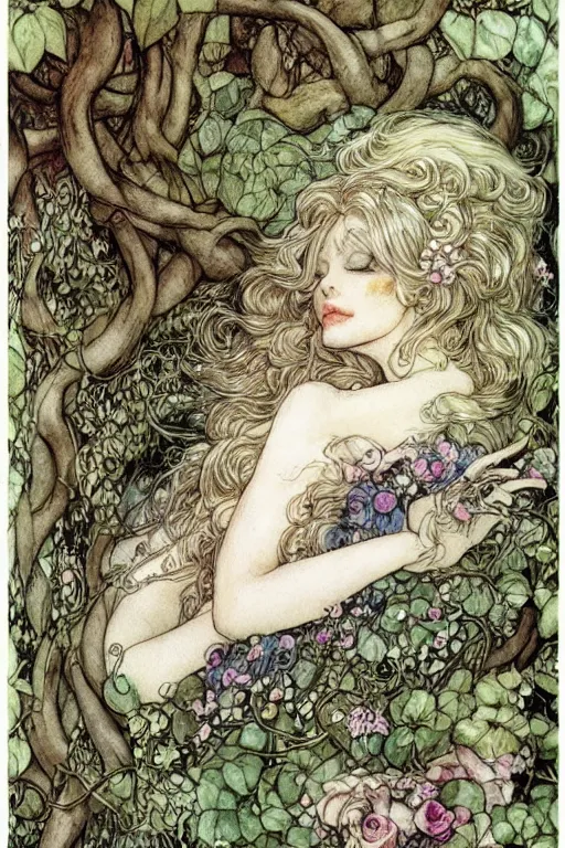 Prompt: detailed sleeping beauty in a rococo bedroom overgrown by vines and flowers, fantasy art, trending on artstation, fairytale, art by luis royo and walter crane and kay nielsen, watercolor illustration,