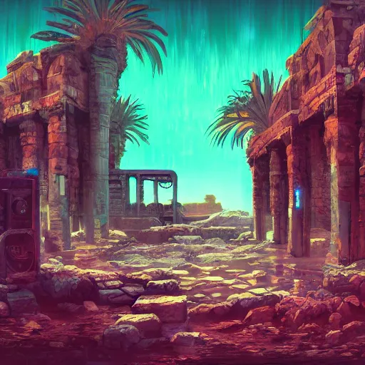 Prompt: Ancient ruins in the desert in a oasis,retrowave art,cyberpunk , trending on art station