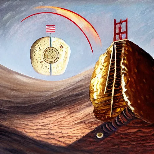 Image similar to a painting of a giant coin landing like a rocket on the surface of the moon