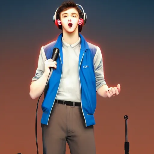 Image similar to a handsome young man with sandy brown hair and blue eyes singing into a neon blue microphone headset posing on stage. dynamic!! pose. gesture drawing. concert. cinematic lighting. wide shot photorealistic. hyper realism. ray tracing hdr. intricate detailed masterpiece. by bouguereau and shigenori soejima. lifelike.