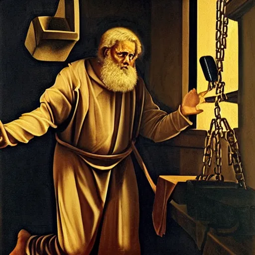Prompt: Saint Peter in chains inside a prison cell, with spongebob, chiaroscuro, very detailed, oil painting by Caravaggio