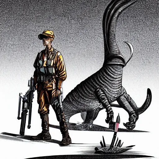Image similar to digital illustration of futuristic big game hunter sitting for a photo next to his large alien creature, proud, feat, style of moebius, wild world, large really long futuristic rifle with scope, colonial helmet