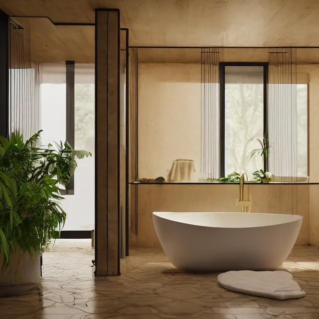 Prompt: post and beam bathroom interior, bathtub with golden faucet, wood cabinets, marble, large window in back with forest view, large potted plant, realistic, unreal engine render, octane render, hyper realistic, photo, 8 k