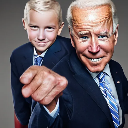 Prompt: A portrait photo of joe biden teams up with a teenage joe biden, perfect faces, 50 mm, award winning photography