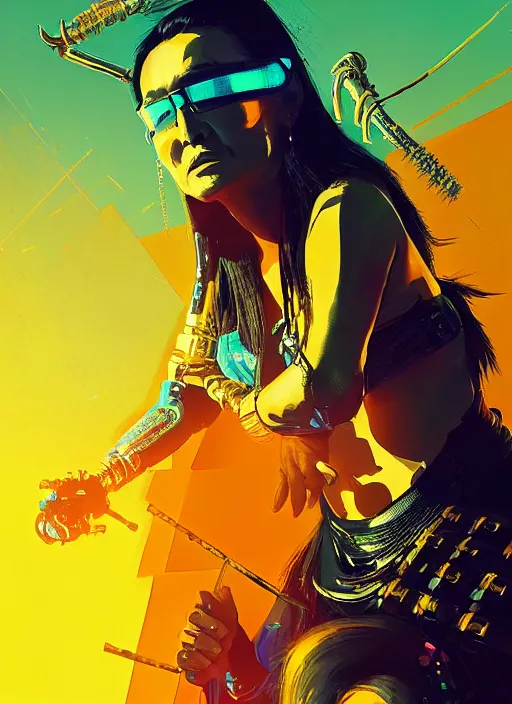Prompt: tia carrere as cyberpunk samurai, golden and blue hour, by ismail inceoglu