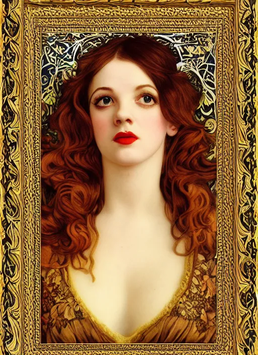 Prompt: masterpiece beautiful seductive curvey pose preraphaelite portrait photography, hybrid of judy garland and zooey deschanel fringe, hipster hair fringe, yellow ochre ornate medieval dress, william morris and kilian eng and mucha, framed, 4 k