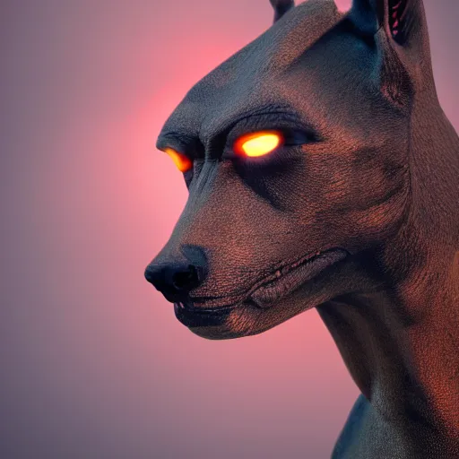 Image similar to portrait of a fierce anubis with red glowing eyes, octane render, unreal engine, hyper realistic, digital art, unreal engine