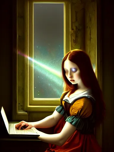Image similar to an early morning in the it office by da vinci : : enchanting, ethereal, magical, glowing, sparkle, prismatic, portrait, character design, illustration, hyperrealism, photorealism, digital art, concept art, dark fantasy, whimsy, weta, wlop, artstation