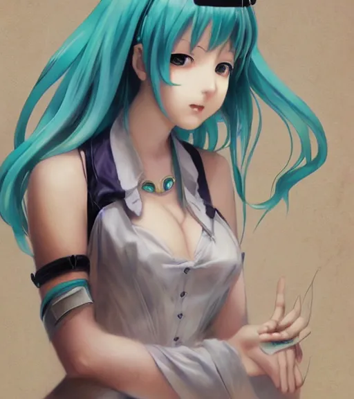 Prompt: Anime art very beautiful Hatsune miku by Gil Elvgren, Greg Rutkowski, Earl Moran, Enoch Bolles, symmetrical shoulders