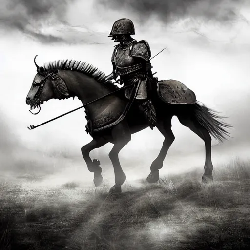 Image similar to a haunting Digital art of a tired spartan soldier riding a skeleton horse on the battlefield in the style of photo-realistic , acrylic, bleak, moonlight, detailed, dark, ominous, threatening, haunting, forbidding, gloomy,stormy, doom, apocalyptic,sinister, shadowy, ghostly,unnerving, harrowing, dreadful ,frightful, shocking, terror, hideous, ghastly, terrifying