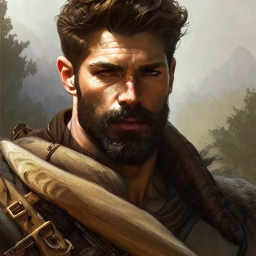 Image similar to Portrait of rugged male ranger, D&D, muscular, fantasy, intricate, elegant, highly detailed, digital painting, artstation, concept art, smooth, sharp focus, illustration, art by artgerm and greg rutkowski and alphonse mucha