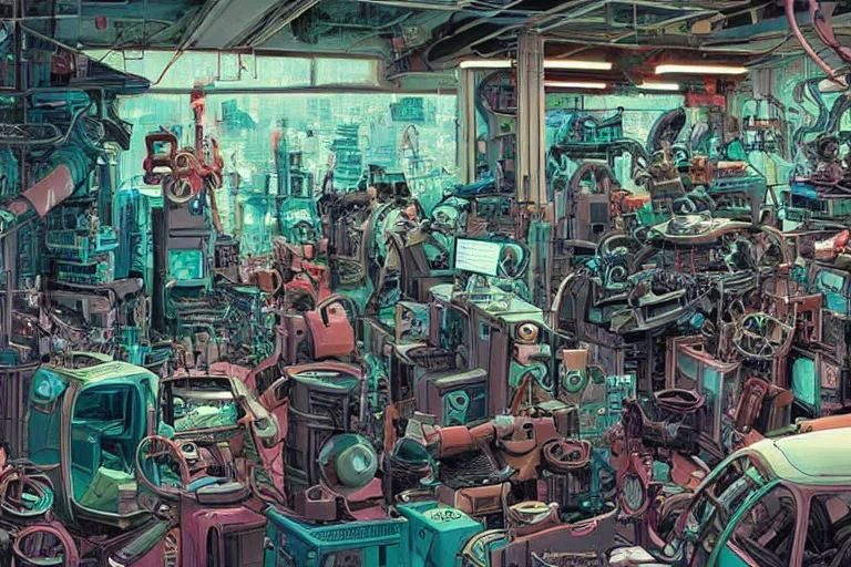 Image similar to an extremely cluttered machine repair shop in 2067, art by Josan Gonzales and Dan Hillier