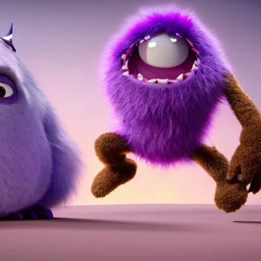 Image similar to a purple fluffy monster, adorable and cute, pixar, octane render, 4k, monster in middle of picture