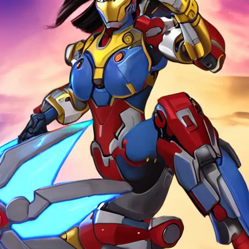 Image similar to ironman fighting pharah from overwatch