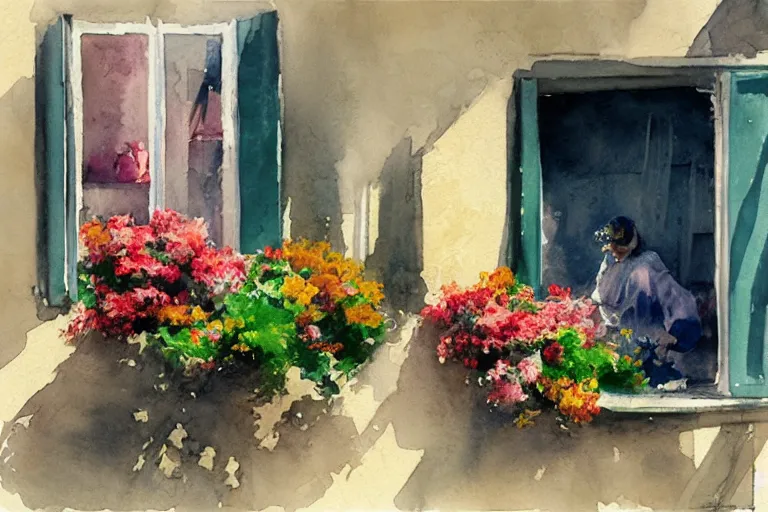 Image similar to abstract watercolor painting of spanish street, flowers in window, summer, magical and traditional, cinematic light, sharp shadows, daylight, national romanticism by anders zorn, by greg rutkowski, by greg manchess
