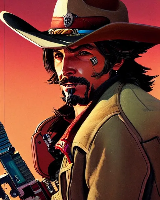 Prompt: mccree from overwatch, character portrait, portrait, close up, concept art, intricate details, highly detailed, vintage sci - fi poster, retro future, in the style of chris foss, rodger dean, moebius, michael whelan, and gustave dore