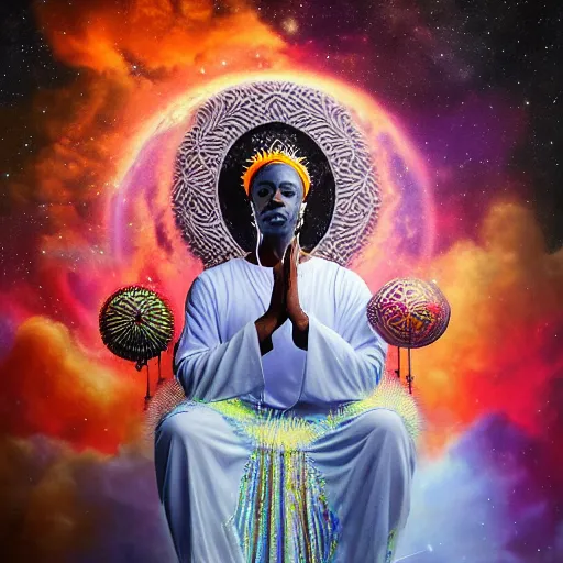 Image similar to obatala the cosmic god sitting on a throne of nebula clouds, by Adi granov and afarin sajedi in a psychedelic portrait style, ultrarealistic matte painting, volumetric lighting, piercing eyes, highly detailed face, orisha, 8k, hd