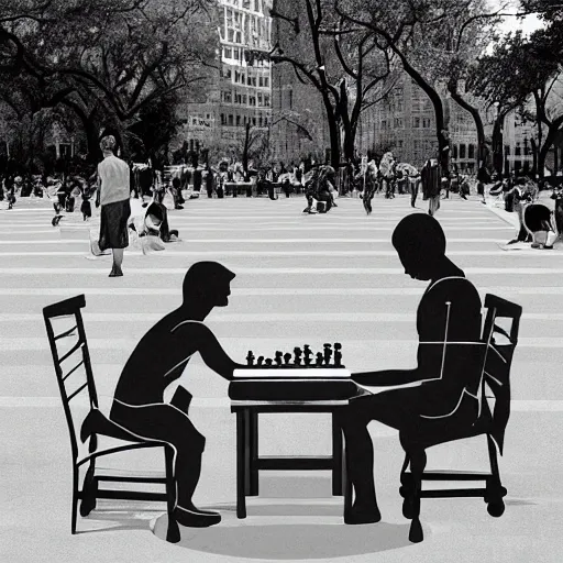 Image similar to greek god playing chess in washington square park, new york city, photorealistic, highly detailed