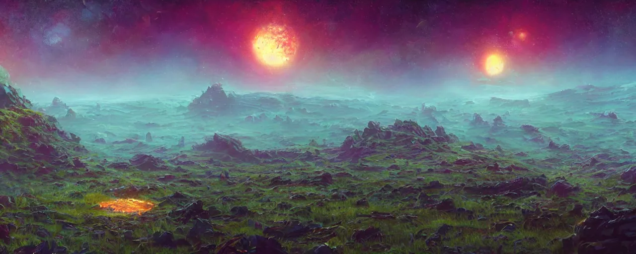 Image similar to ” outer planet landscape, [ cinematic, detailed, epic, widescreen, opening, establishing, mattepainting, photorealistic, realistic textures, octane render, art by paul lehr ] ”