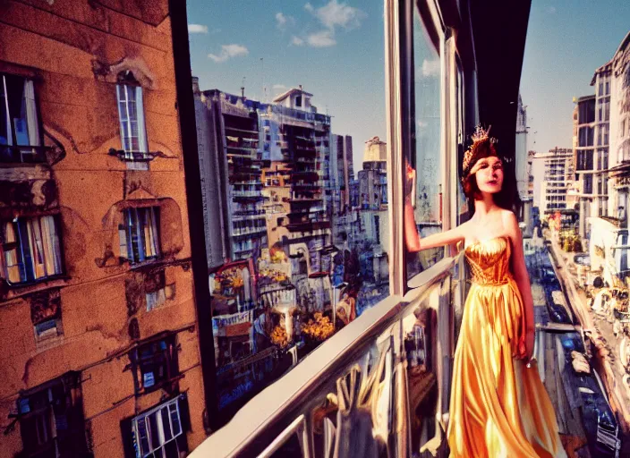 Image similar to a fantasy queen stands on a balcony overlooking a fantasy city, golden light and glow, 3 5 mm photography