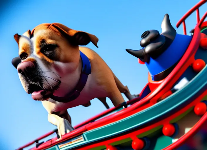 Image similar to film still of a dog riding a roller coaster in disneyland paris, 8 k