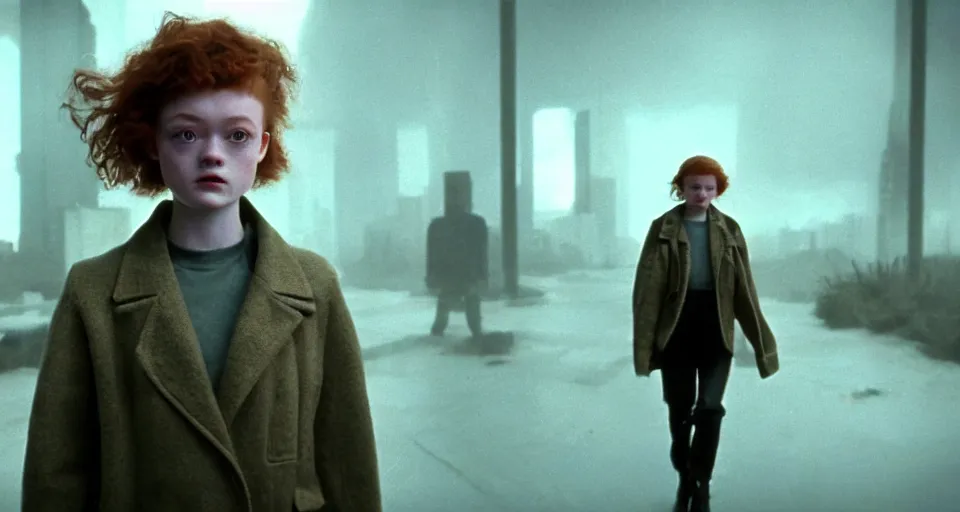 Image similar to sadie sink with very short hair in oversized man's coat : a still from a scifi dystopian cyberpunk film from 1 9 8 0 s. by steven spielberg, robert zemeckis, francis ford coppola, james cameron. 6 5 mm low grain film stock. sharp focus, realistic facial expression, perfect anatomy, global illumination, radiant light, detailed and intricate environment, trending on artstation