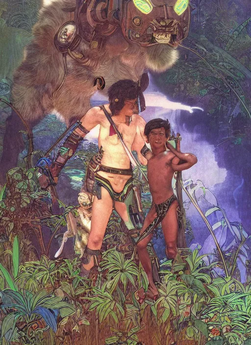 Prompt: portrait of a little epic cyborg warrior boy character with dark skin and a big robot tiger at his side in the middle of a lush jungle. diffuse neon light, dramatic landscape, fantasy illustration, matte painting by mucha