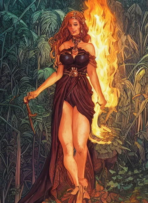 Prompt: painting of alluring pyromancer black woman in the burning jungle, beautiful face, skintight robes and miniskirt, belts, circlet, golden accessories, high fantasy, dnd, smooth, sharp focus, award - winning, masterpiece, extremely detailed, intricate, art by rebecca guay, rossdraws