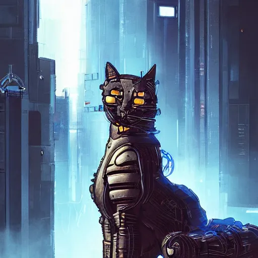 Image similar to a cyberpunk cyborg cat, trending on artstation