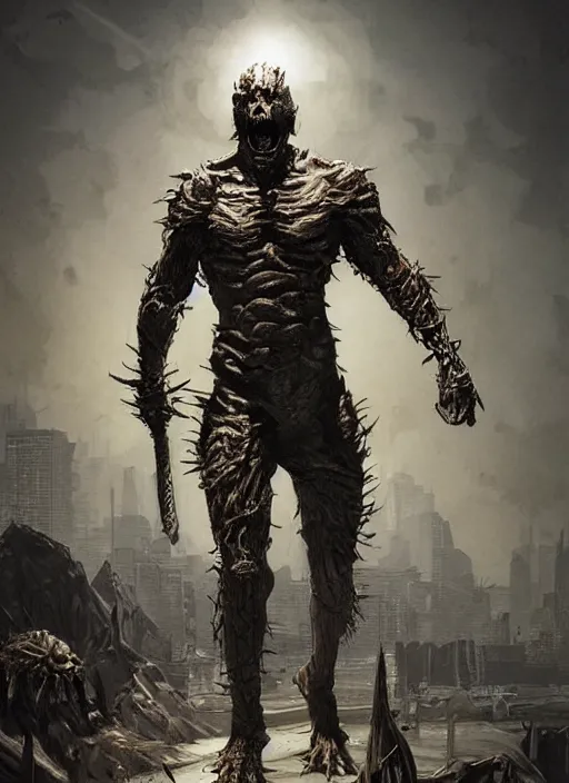 Image similar to poster!! scary new enemy for 7 days to die, monster concept art, action pose, illustration, full body armor, steel plating, huge weapon, super powers, athletic, symmetry, intricate design, shiny, highly detailed, hd, dramatic lighting, wide angle view, art by artgerm and greg rutkowski