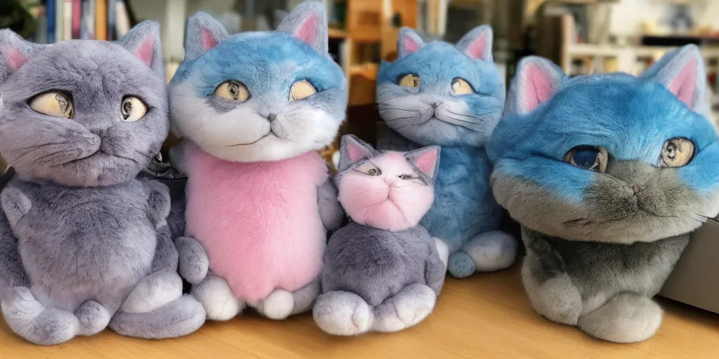 Prompt: 3 d precious moments plush cat with realistic fur and an blue / white / gray / green / pink / tan / mid pink / blue gray color scheme, snowy mountain landscape, dark lord, occult, master painter and art style of john william waterhouse and caspar david friedrich and philipp otto runge