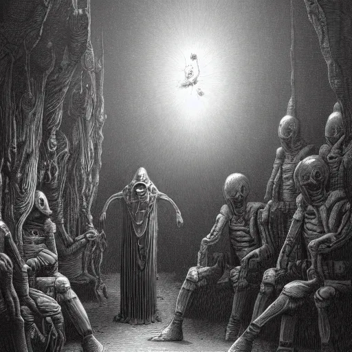 Image similar to eerie space alien talking to a group of people in front of a space ship in an ancient village in a Gustave Dore art style, grunge, matte