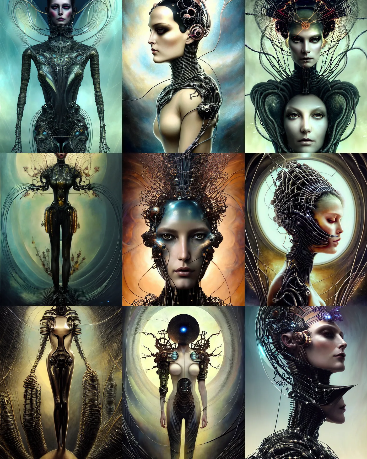 Prompt: karol bak and tom bagshaw and lecouffe - deharme full body character portrait of the borg queen of sentient parasitic flowing ai, floating in a powerful zen state, supermodel, beautiful and ominous, wearing combination of mecha and bodysuit made of wires and fractal ceramic, machinery enveloping nature in the background, artstation charcter concept render