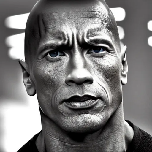 Image similar to ( dwayne rock johnson ) have a body and face of arnold arnold schwarzenegger from terminator movie. symmetric face, coherent face, coherent eyes, symmetric eyes