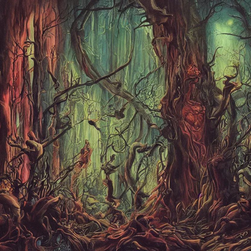 Prompt: a scene of an opening in a dark fantasy forest with colored fantastical beings. dark black surroundings. hyperrealist illustration. muted colors. 1 9 7 0's science fiction and fantasy cartoon. richly colored painting by don ivan punchatz.