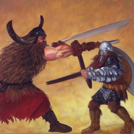 Image similar to A viking fighting a troll, oil painting