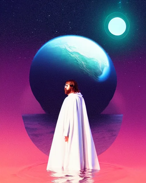 Image similar to a person wearing a white cloak standing in the water. a large planet is overhead. an album cover by stanley twardowicz, trending on cg society, retrofuturism, retrowave, chillwave, synthwave