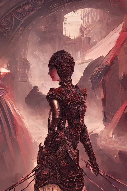 Image similar to portrait knights of Zodiac girl, metallic black and reddish reflected armor, in ruined Agora of Athens, ssci-fi, fantasy, intricate, very very beautiful, elegant, highly detailed, digital painting, artstation, concept art, smooth, sharp focus, illustration, art by tian zi and WLOP and alphonse mucha