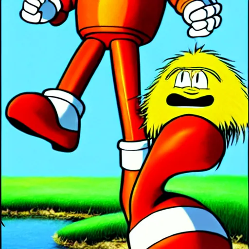 Image similar to professional illustration of doctor robotnik standing over the lorax in the style of a 9 0 s sonic cartoon, the lorax is laying down and making a longing face, blushing, digital drawing, black outlines, dark lighting, a moonlight glow is coming from a window, doctor eggman is making a confused face, 9 0 s early 2 0 0 0 s style cartoon