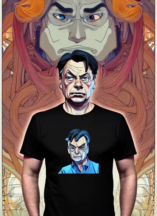 Prompt: art viktor orban, sad expression, t - shirt, modern casual clothing, natural lighting, path traced, highly detailed, high quality, cartoon, digital painting, by don bluth and ross tran and studio ghibli and alphonse mucha