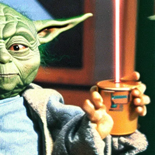 Image similar to A still of Yoda’s first day at school. Holding a Star Wars lunch pail .